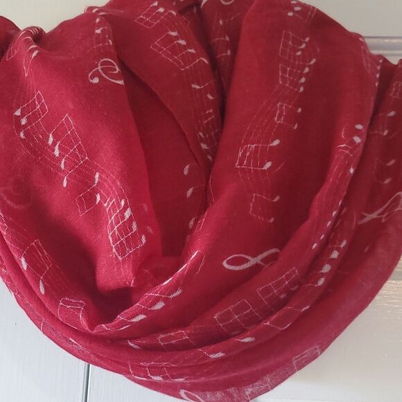 RED WHITE MUSIC MUSICAL NOTES SHEER INFINITY SCARF MUSIC LOVER GIFT - Picture 1 of 4